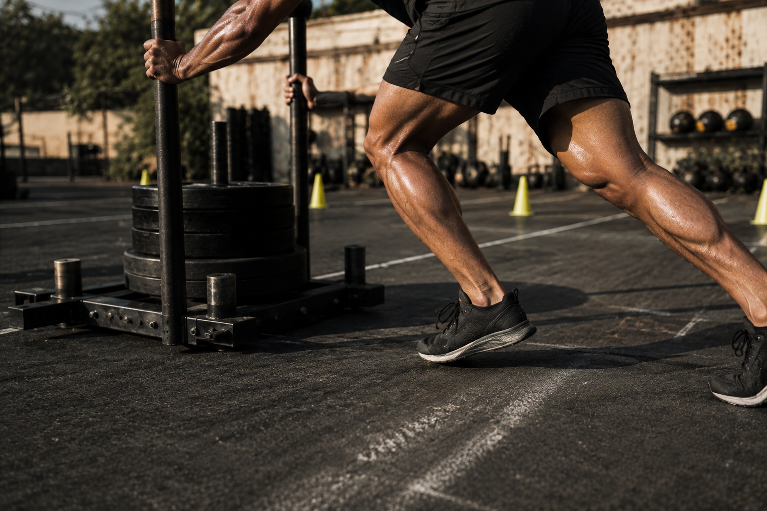 Athlete driving a loaded sled push
