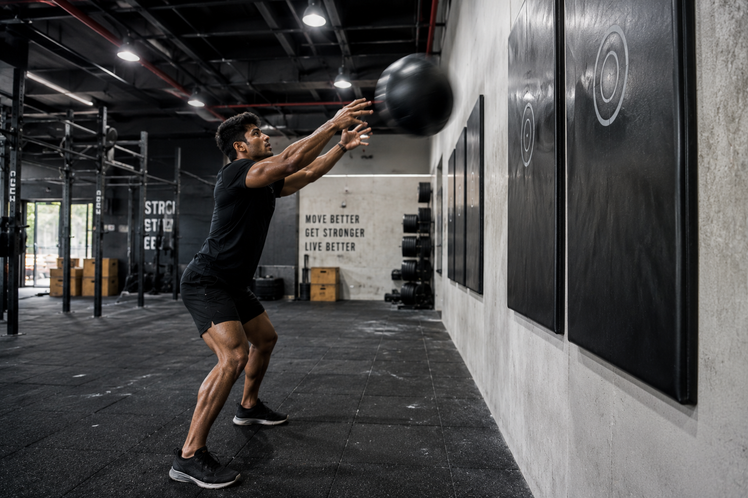 Athlete performing wall balls in a Hyrox-style gym